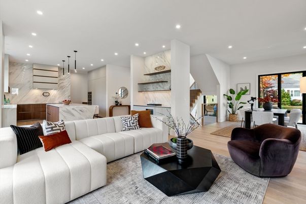 Dining room, Interior, Kitchen, Living room, Marble Walls, Pendant Lights, Recessed Lighting, Wood Texture Flooring