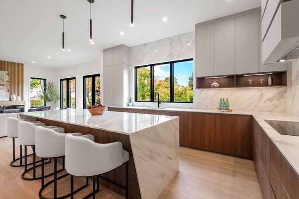Interior, Kitchen, Marble Walls, Pendant Lights, Recessed Lighting, Wood Texture Flooring