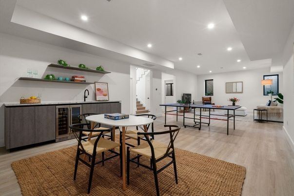 Dining room, Game Room, Interior, Living room, Recessed Lighting, Wood Texture Flooring