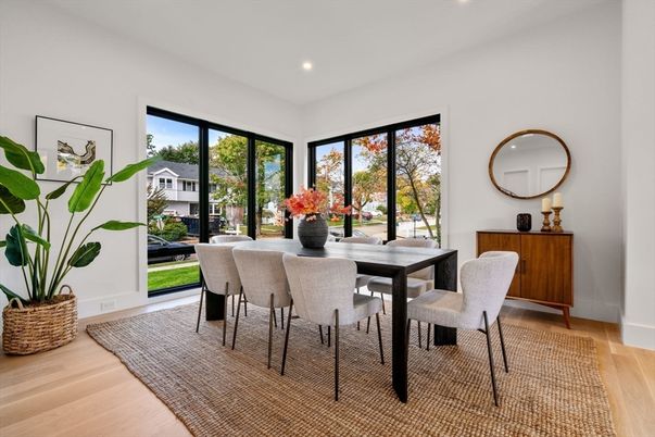 Dining room, Interior, Recessed Lighting, Wood Texture Flooring