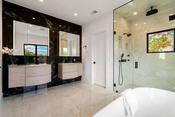 Bathroom, Dual Sink Vanities, Free Standing Baths, Glass Shower, Interior, Marble, Marble Walls, Recessed Lighting