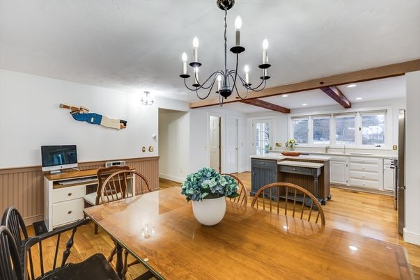 Chandelier, Dining room, Interior, Kitchen, Recessed Lighting, Wooden Beams, Wood Texture Flooring