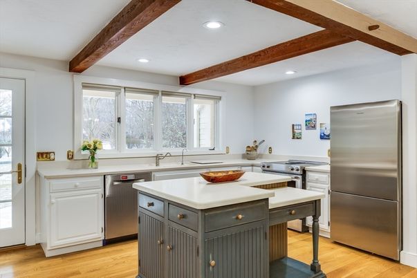 Interior, Kitchen, Recessed Lighting, Stainless Steel Appliances, Wooden Beams, Wood Texture Flooring