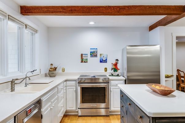 Interior, Kitchen, Recessed Lighting, Stainless Steel Appliances, Wooden Beams, Wood Texture Flooring