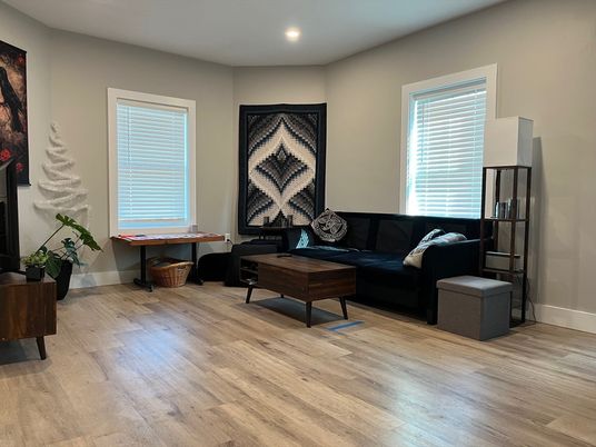 Interior, Living room, Recessed Lighting, Wood Texture Flooring