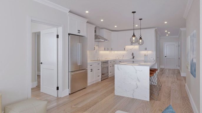 Interior, Kitchen, Pendant Lights, Recessed Lighting, Stainless Steel Appliances, Wood Texture Flooring