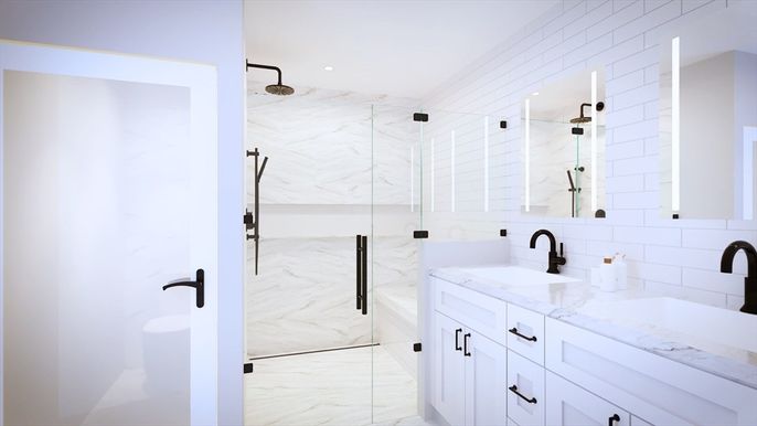 Bathroom, Dual Sink Vanities, Glass Shower, Interior, Marble, Marble Walls, Recessed Lighting