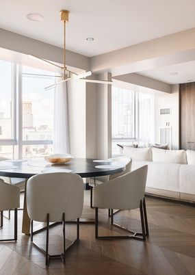 Dining room, Interior, Living room, Recessed Lighting, Wood Texture Flooring