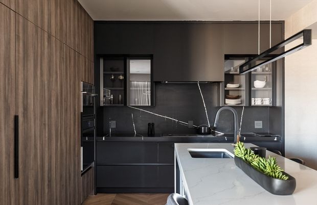 Interior, Kitchen, Pendant Lights, Stainless Steel Appliances, Wood Texture Flooring