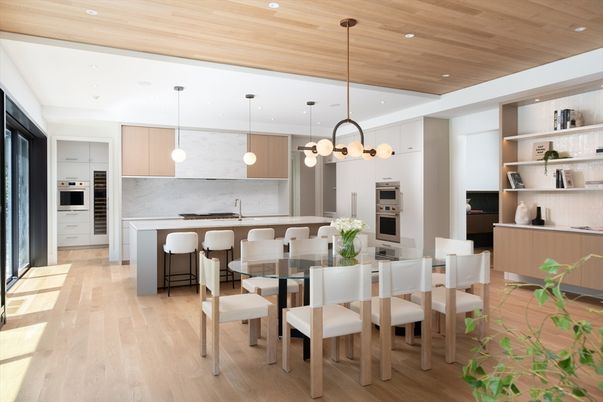 Dining room, Interior, Kitchen, Pendant Lights, Recessed Lighting, Stainless Steel Appliances, Wooden Ceilings, Wood Texture Flooring