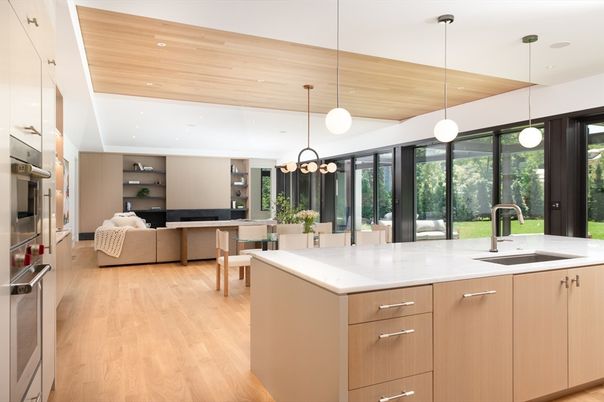 Dining room, Interior, Kitchen, Living room, Pendant Lights, Recessed Lighting, Stainless Steel Appliances, Wooden Ceilings, Wood Texture Flooring