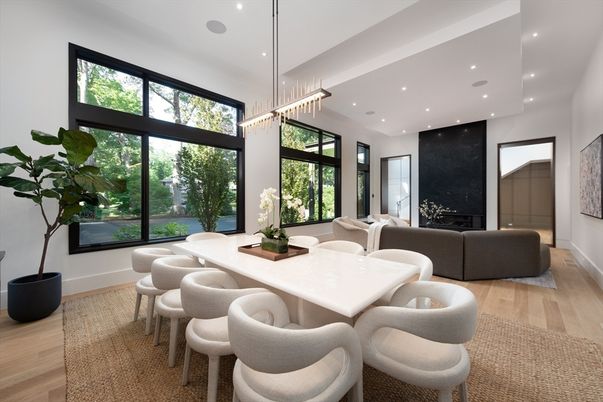 Dining room, Fireplace, Interior, Living room, Pendant Lights, Recessed Lighting, Wood Texture Flooring