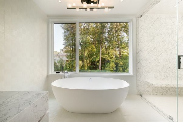 Bathroom, Free Standing Baths, Glass Shower, Interior, Marble, Marble Walls, Recessed Lighting