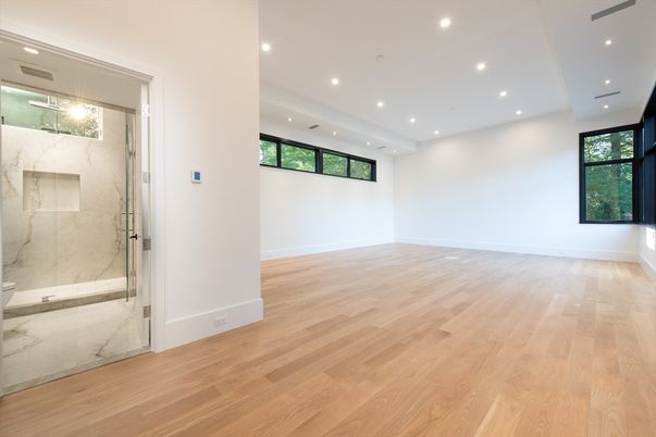 Bathroom, Empty room, Glass Shower, Interior, Marble, Marble Walls, Recessed Lighting, Wood Texture Flooring