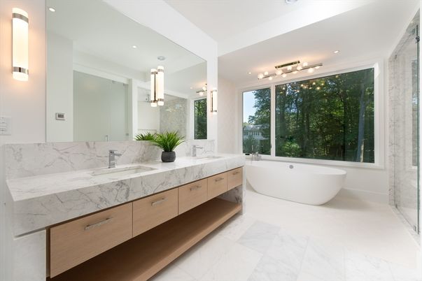 Bathroom, Dual Sink Vanities, Free Standing Baths, Glass Shower, Interior, Marble, Marble Walls, Recessed Lighting