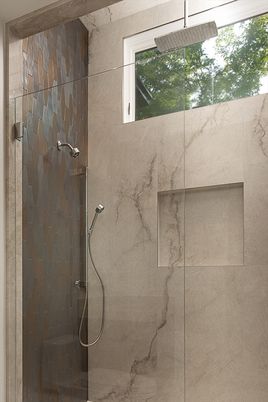 Bathroom, Glass Shower, Interior, Marble Walls