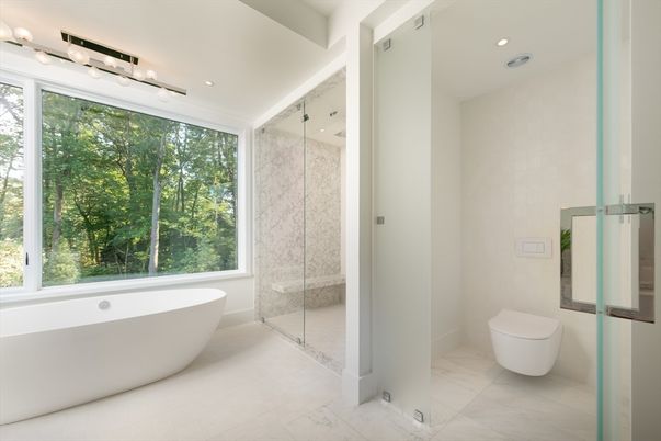 Bathroom, Free Standing Baths, Glass Shower, Interior, Marble, Marble Walls, Recessed Lighting
