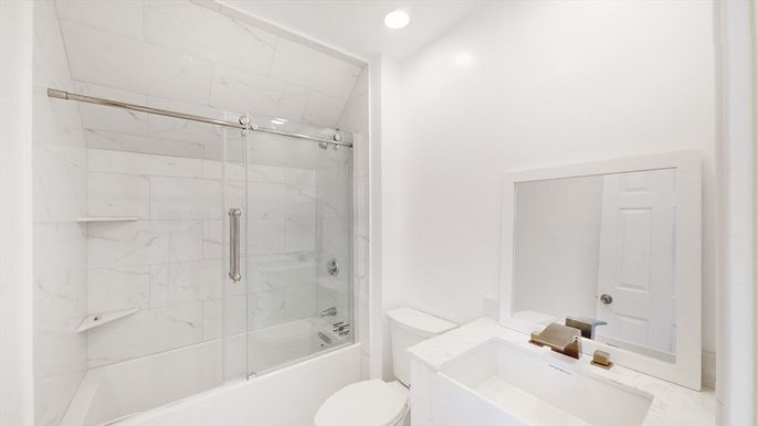 Bathroom, Glass Shower, Interior, Marble, Marble Walls, Recessed Lighting