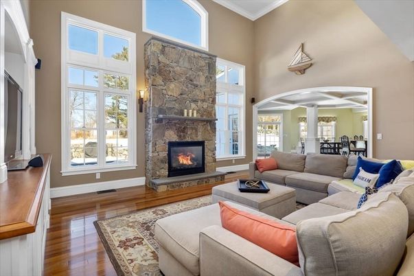 Dining room, Fireplace, Interior, Living room, Stone Walls, Wood Texture Flooring