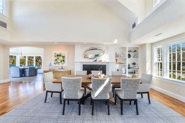 Dining room, Fireplace, Interior, Living room, Pendant Lights, Recessed Lighting, Wood Texture Flooring