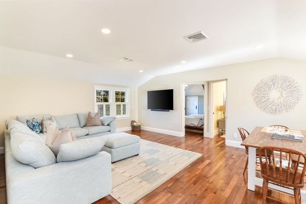 Dining room, Interior, Living room, Recessed Lighting, Wood Texture Flooring