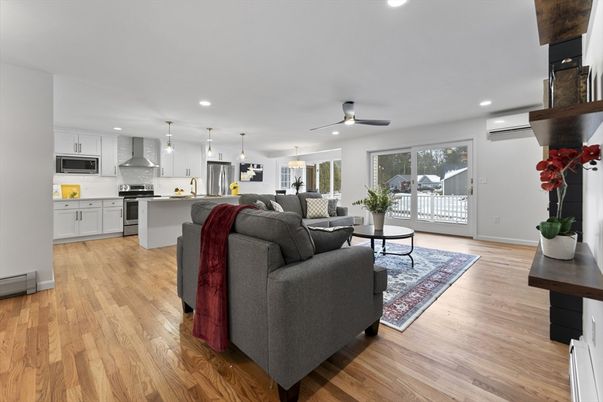 Interior, Kitchen, Living room, Pendant Lights, Recessed Lighting, Stainless Steel Appliances, Wood Texture Flooring