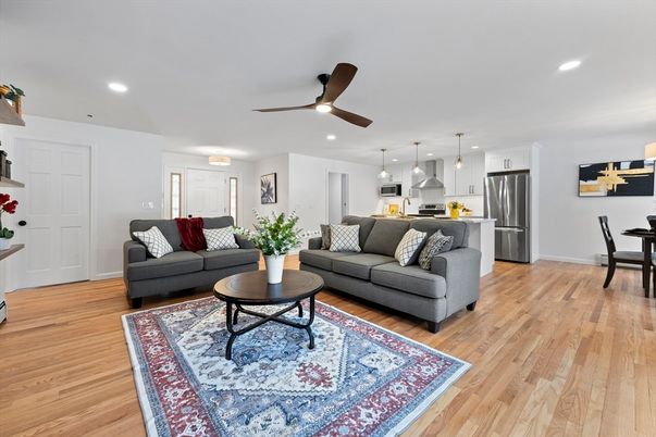 Dining room, Interior, Kitchen, Living room, Pendant Lights, Recessed Lighting, Stainless Steel Appliances, Wood Texture Flooring