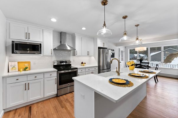 Interior, Kitchen, Pendant Lights, Recessed Lighting, Stainless Steel Appliances, Wood Texture Flooring