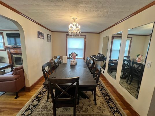 Chandelier, Dining room, Interior, Wood Texture Flooring