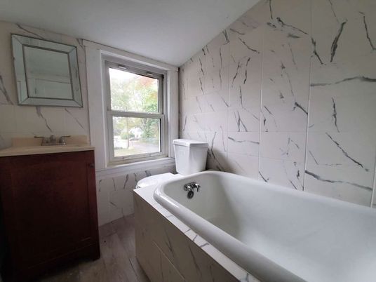 Bathroom, Interior, Marble Walls, Wood Texture Flooring