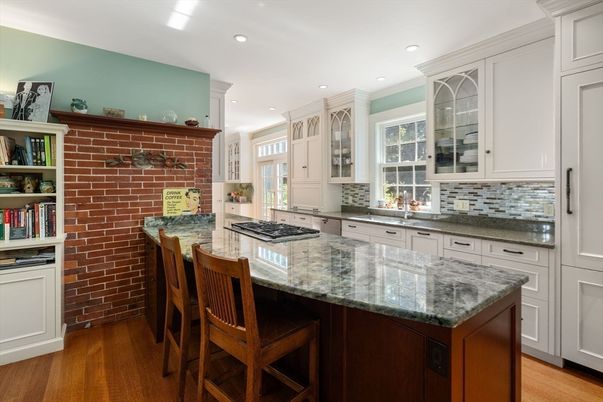 Interior, Kitchen, Recessed Lighting, Stone Walls, Wood Texture Flooring