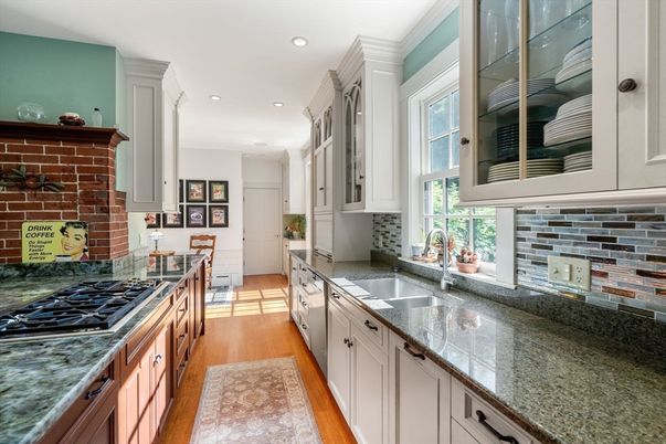 Interior, Kitchen, Recessed Lighting, Stone Walls, Wood Texture Flooring