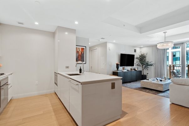 Chandelier, Interior, Kitchen, Living room, Recessed Lighting, Wood Texture Flooring