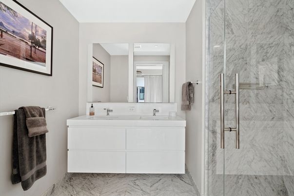 Bathroom, Glass Shower, Interior, Marble, Marble Walls, Recessed Lighting