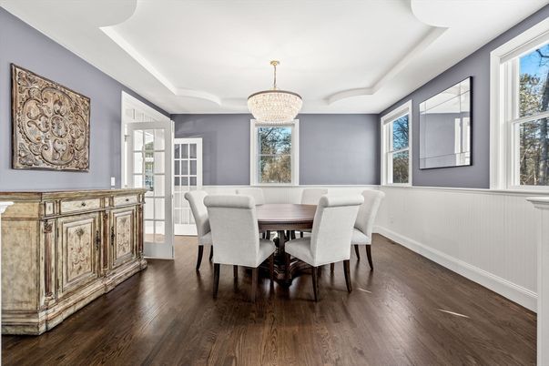 Chandelier, Dining room, Interior, Wood Texture Flooring