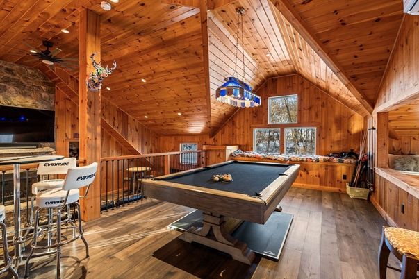 Billiard Table, Game Room, Interior, Pendant Lights, Recessed Lighting, Wooden Beams, Wooden Ceilings, Wood Texture Flooring, Wooden Walls