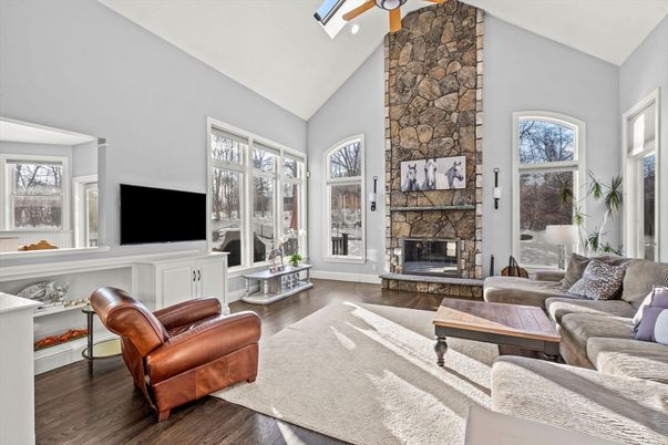 Fireplace, Interior, Living room, Stone Walls, Wood Texture Flooring