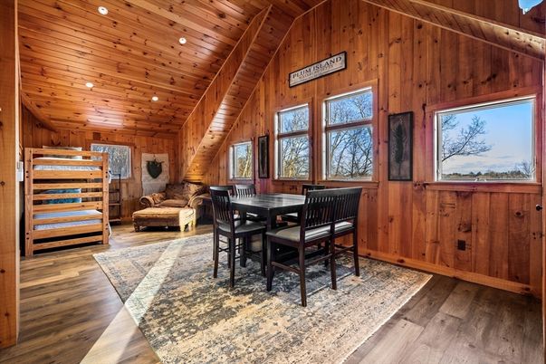 Dining room, Interior, Recessed Lighting, Wooden Beams, Wooden Ceilings, Wood Texture Flooring, Wooden Walls