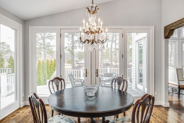 Chandelier, Dining room, Interior, Wood Texture Flooring