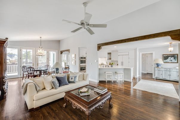 Chandelier, Dining room, Interior, Kitchen, Living room, Pendant Lights, Recessed Lighting, Wood Texture Flooring