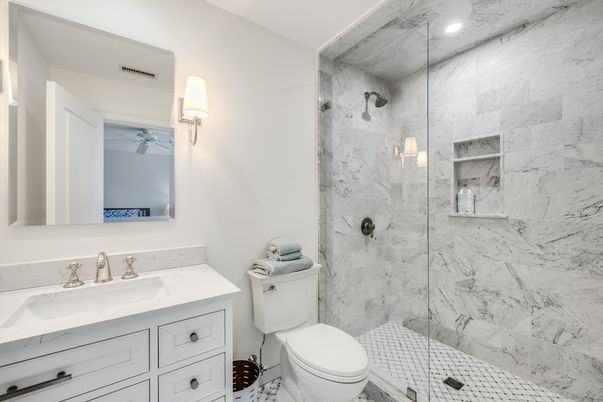 Bathroom, Glass Shower, Interior, Marble Walls, Recessed Lighting