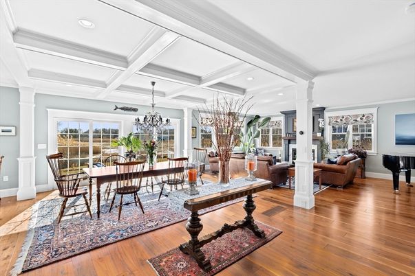 Chandelier, Dining room, Interior, Living room, Piano, Recessed Lighting, Wood Texture Flooring