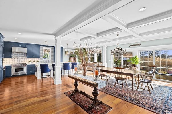 Chandelier, Dining room, Interior, Kitchen, Living room, Pendant Lights, Recessed Lighting, Stainless Steel Appliances, Wood Texture Flooring