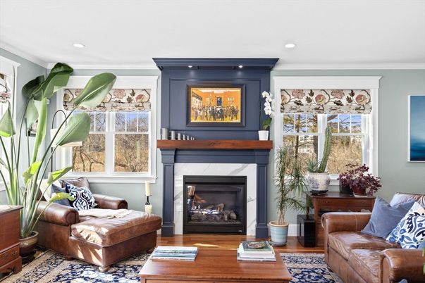 Fireplace, Interior, Living room, Recessed Lighting, Wood Texture Flooring