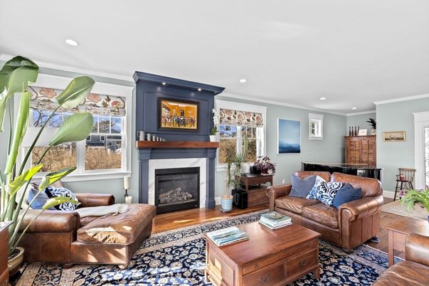Fireplace, Interior, Living room, Recessed Lighting, Wood Texture Flooring