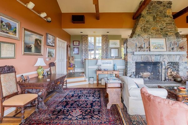 Fireplace, Home Office, Interior, Living room, Stone Walls, Wooden Beams, Wood Texture Flooring