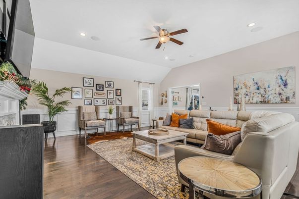 Fireplace, Interior, Living room, Recessed Lighting, Wood Texture Flooring