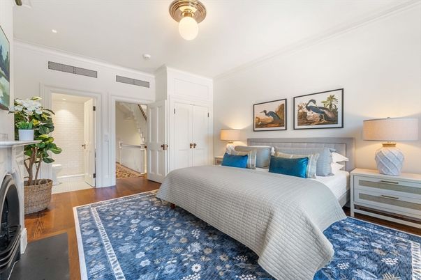 Bedroom, Fireplace, Interior, Recessed Lighting, Wood Texture Flooring