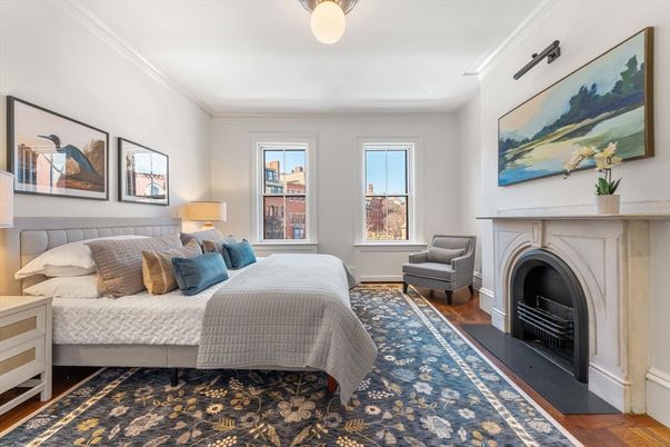 Bedroom, Fireplace, Interior, Wood Texture Flooring