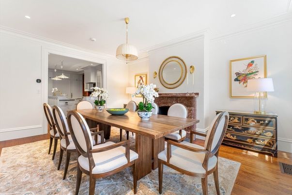 Dining room, Interior, Pendant Lights, Recessed Lighting, Wood Texture Flooring